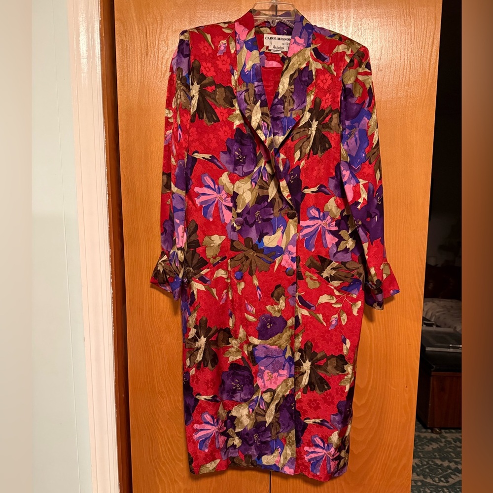 80’s Vintage Carol Mignon Silk Floral Red and Purple Blazer Dress EUC
